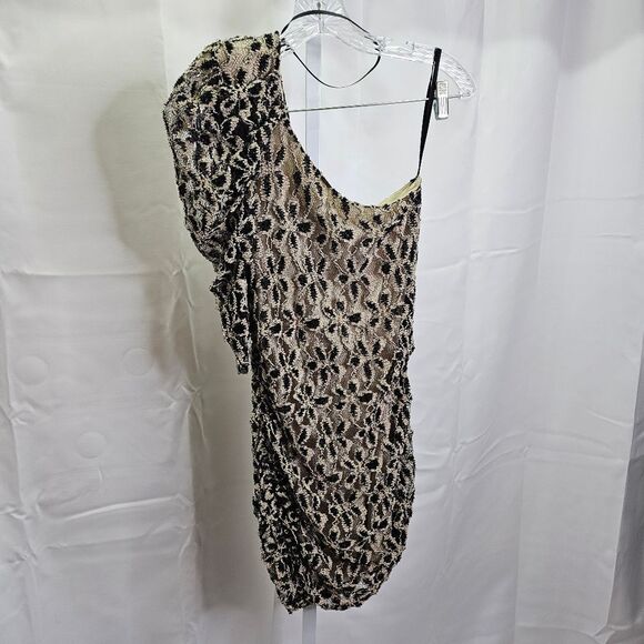 Papaya Black and Cream Lace One Shoulder Mini Bodycon Dress Size Small - Picture 3 of 8